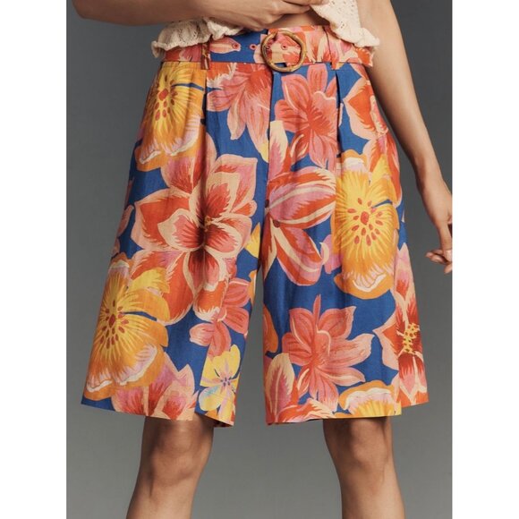 Farm Rio Anthropologie Linen Blend Belted Floral Bermuda Shorts Size XL - Picture 4 of 8